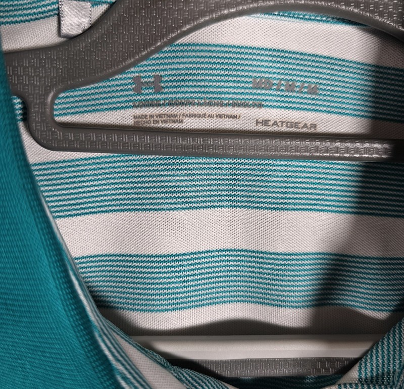 UA Under Armour Mens Polo Shirt Size Medium Heat Gear Blue Green Striped gallery