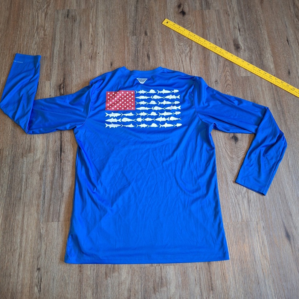 Columbia Shirt Mens M PFG Terminal Tackle Fish American Flag Independence Day