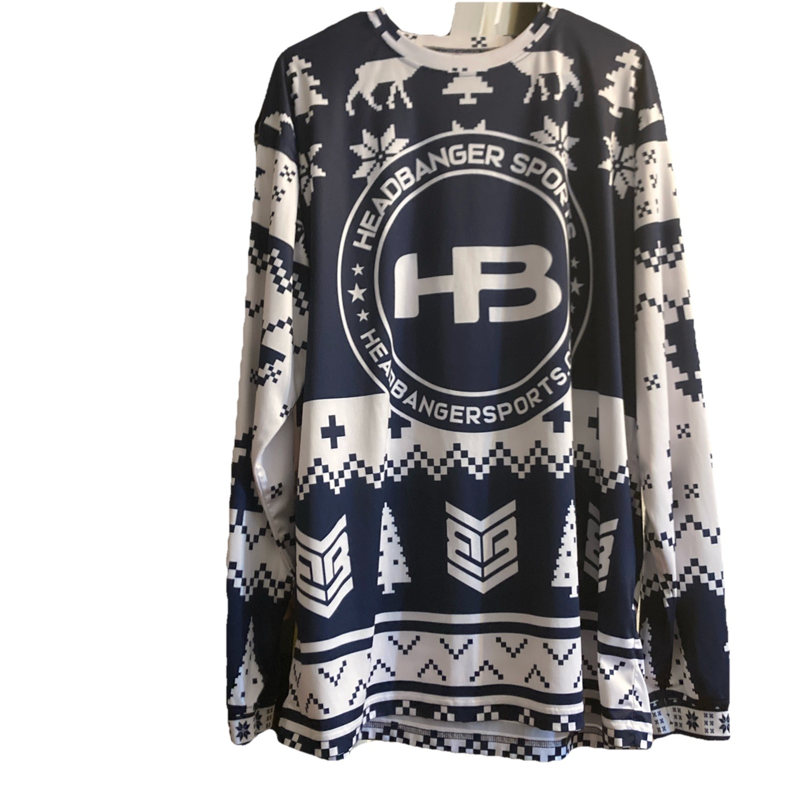 Headbanger Sports Holiday Performance Jersey Long Sleeve Blue White Size XL gallery