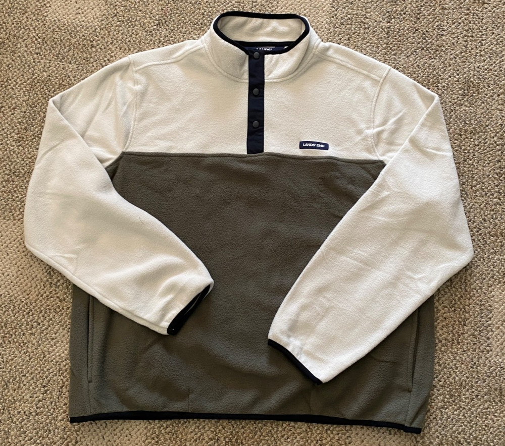 Lands' End Fleece Pullover Top Shirt Soft Stretch Beige Olive Men's Large L
