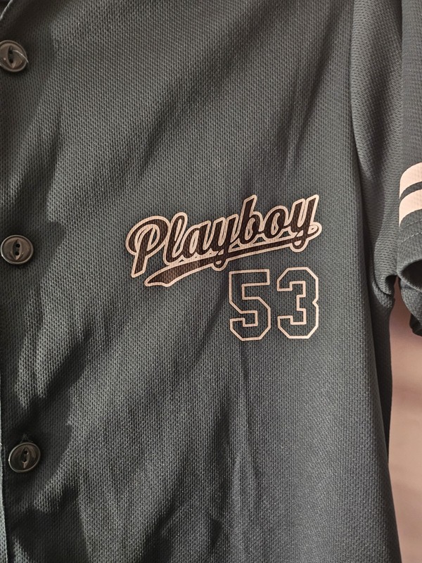 Playboy Men's Green Button Up Baseball Jersey Short Sleeve Bunny Size Sm gallery