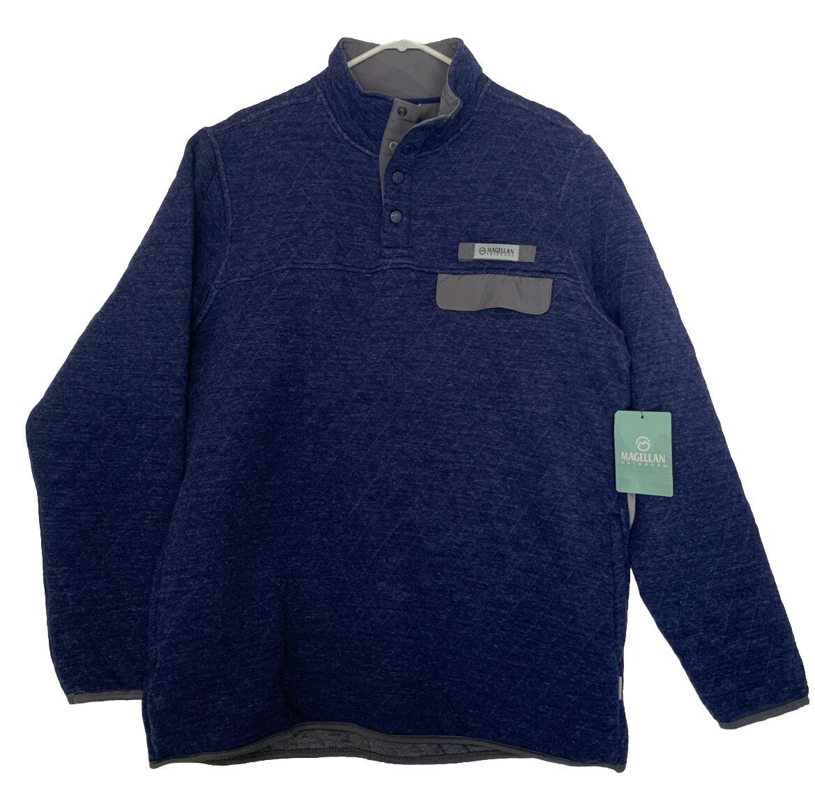 Magellan Men's Lg Blue Cotton Quarter Snap Long Sleeve Stand UP Collar Quilted gallery
