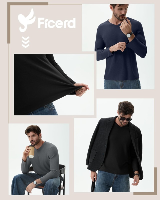 Ficerd 3 Pack Men's Waffle Thermal Long Sleeve Shirts V Neck Underwear Tops C... gallery