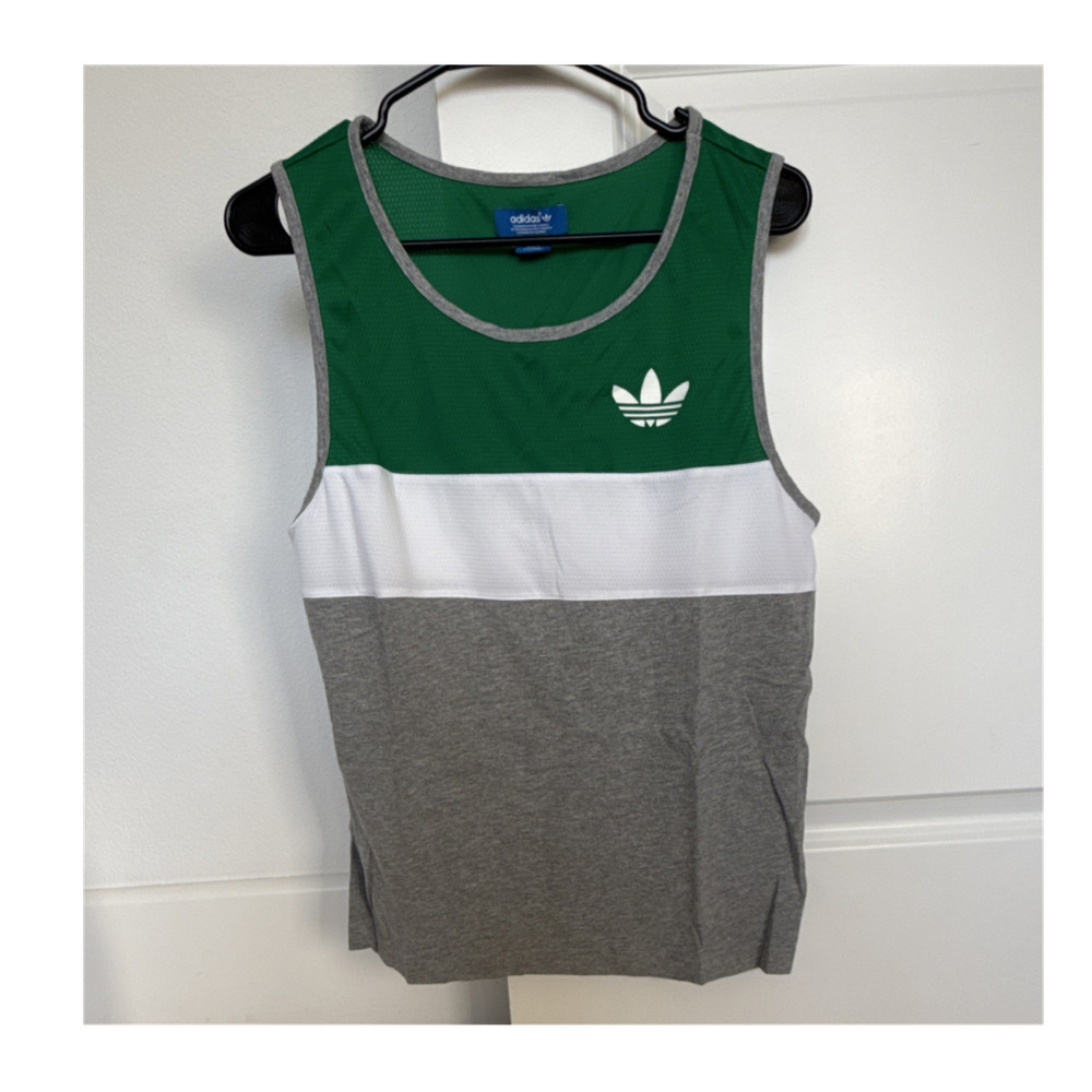 adidas Men's Green/White/Gray Colorblock Mesh Tank Crew Neck Breathable Size S
