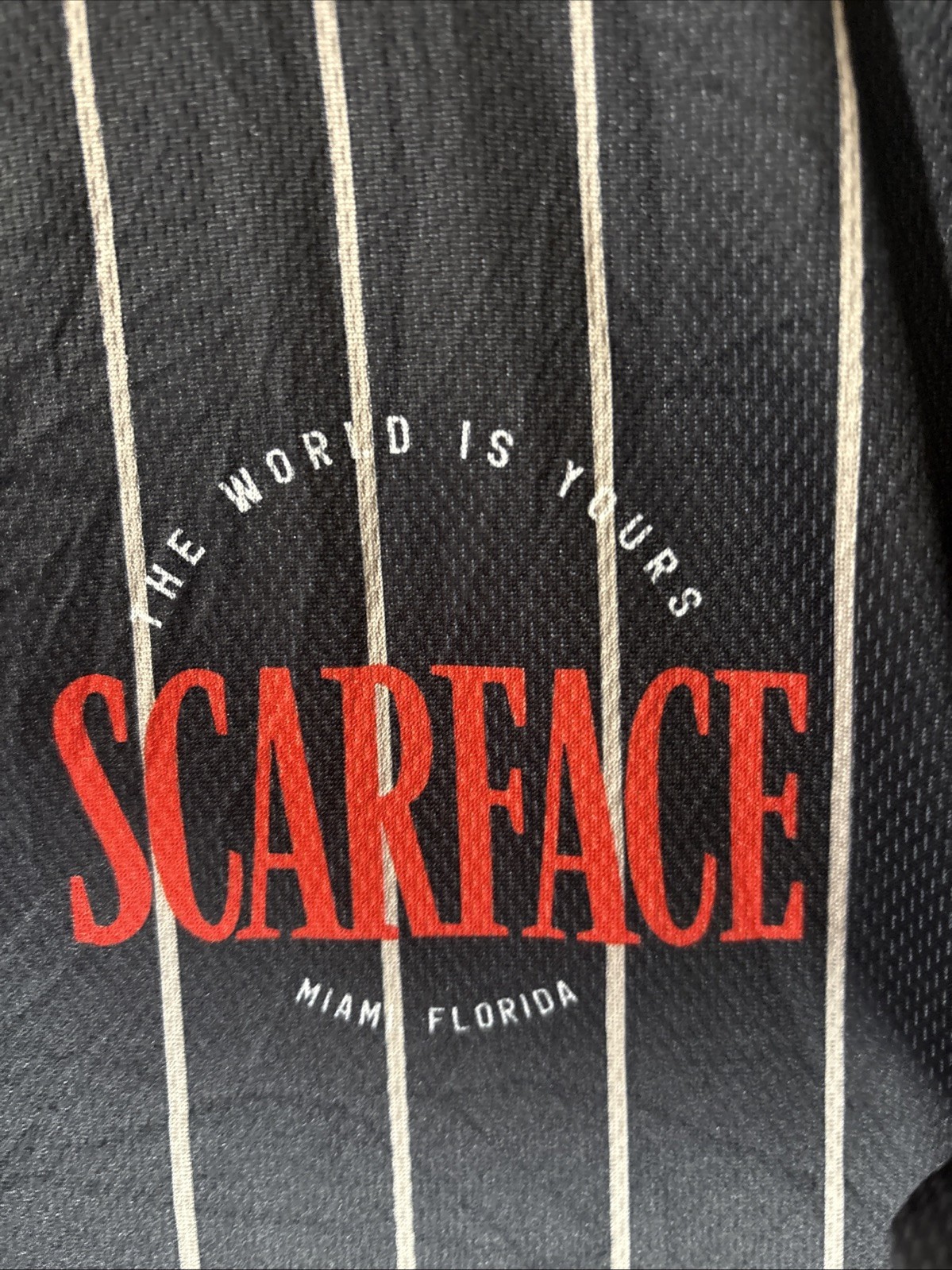 Scarface Black White Pinstripe Baseball Jersey Size Large “The World Is Yours” gallery