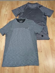 2 Men’s Lg workout shirts Under Armour Seamless & Nike Pro DRI fit gray EUC