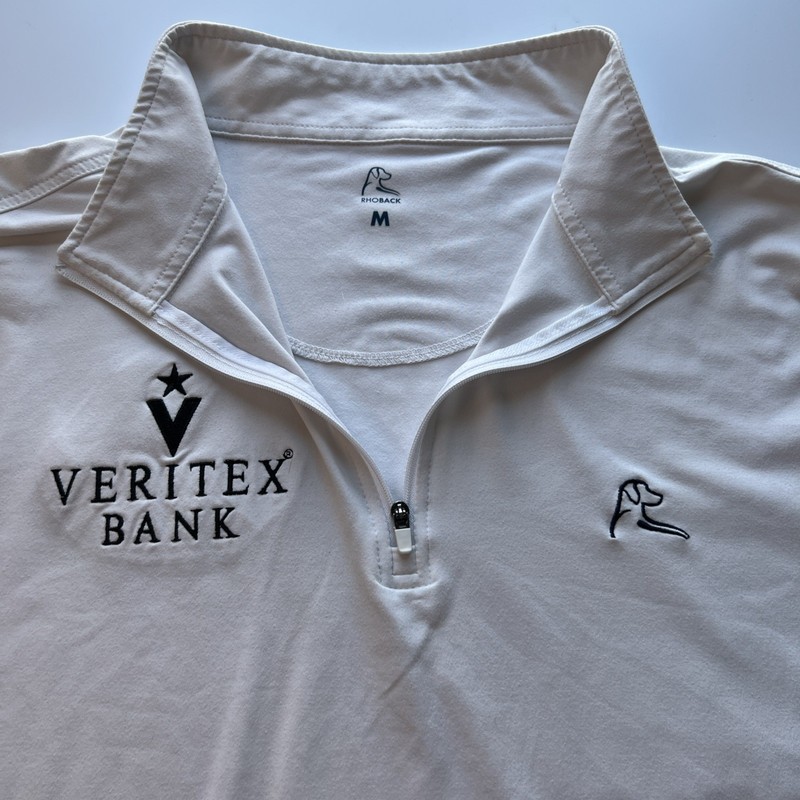Rhoback 1/4 Zip Pullover Men's Medium White Performance Stretch w/ Sponsor Logos gallery