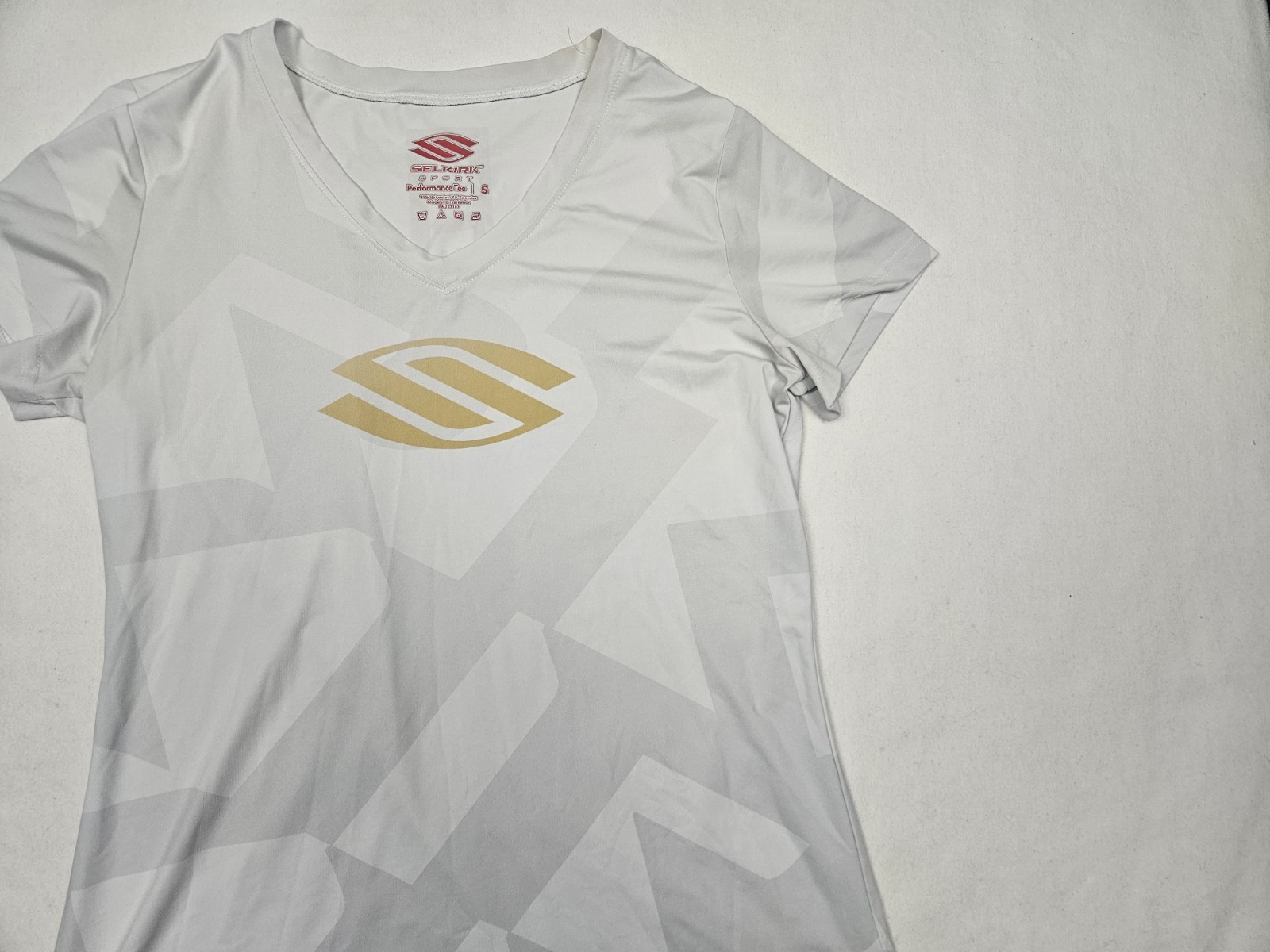 Selkirk Sport Shirt Mens Small Performance Tee White Gray Geometric V Neck gallery