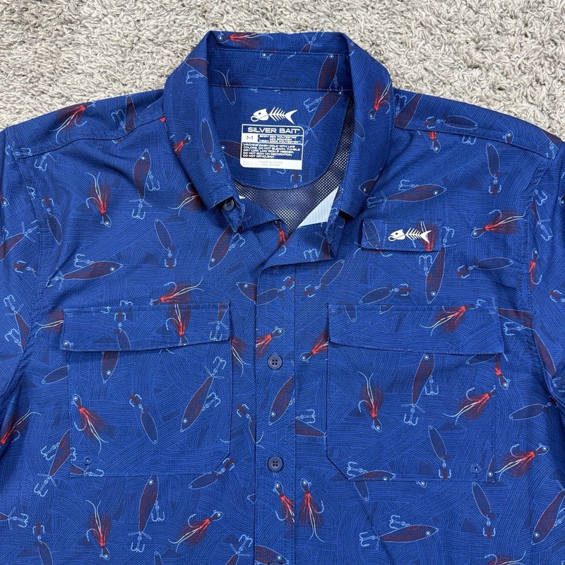 Silver Bait Blue Button Up Vented Fishing Lures Shirt Mens Size M gallery
