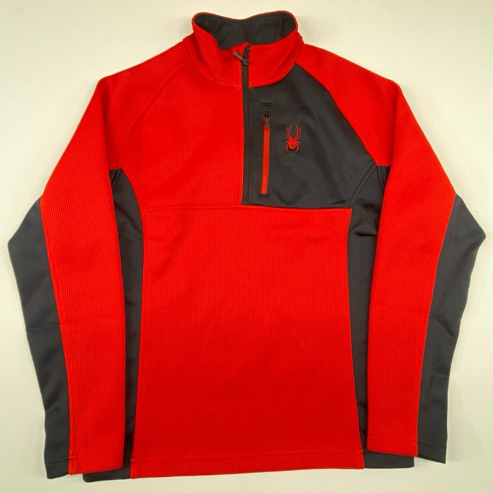Spyder Mens L Red Black 1/4 Zip Fleece Pullover Sweater Waffle Knit