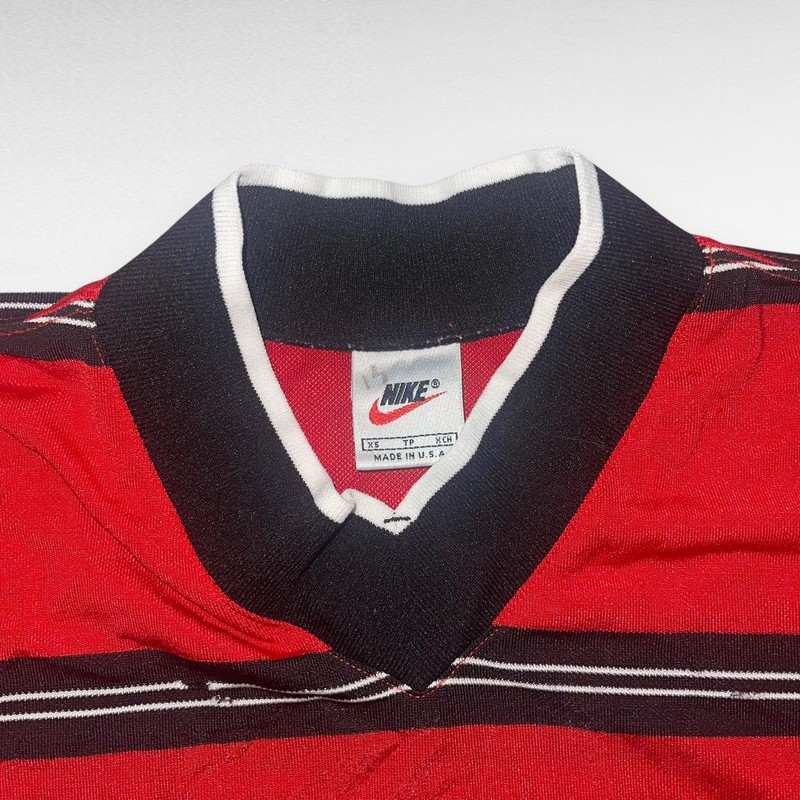 VTG Nike Team 90s #13 Sports V Neck Red Black Striped Jersey Shirt USA Made XS gallery
