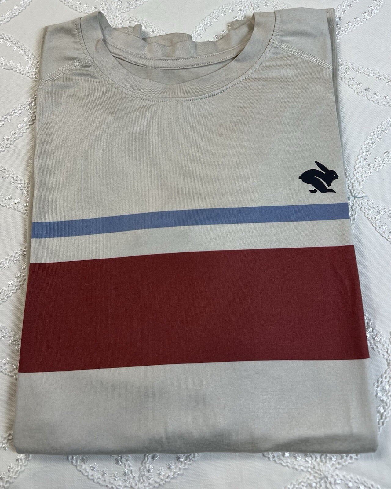 Rabbit EZ Tee Long Sleeve Beige Red Blue Striped Performance Size Small gallery