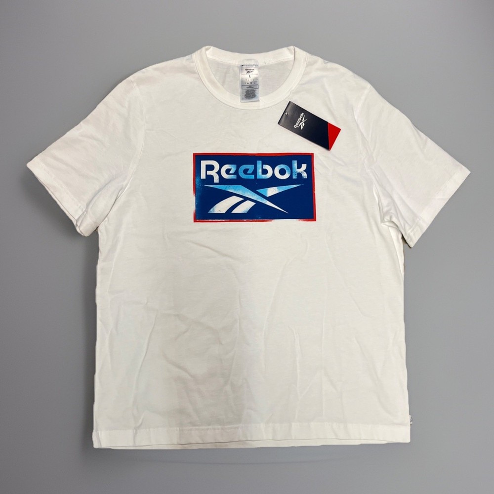 Reebok Mens Classic Graphic Tshirt white with Red White And Blue Logo Large