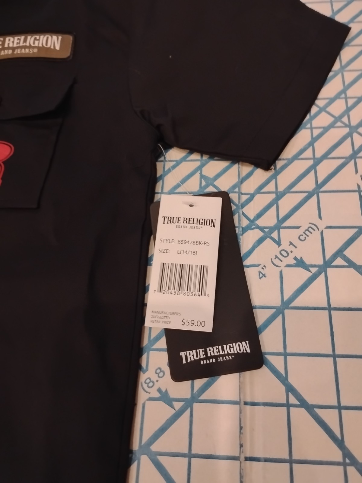YOUTH LARGE (14/16) BLACK TRUE RELIGION BUTTON UP SHIRT WITH PRINT & PATCHES-NWT gallery