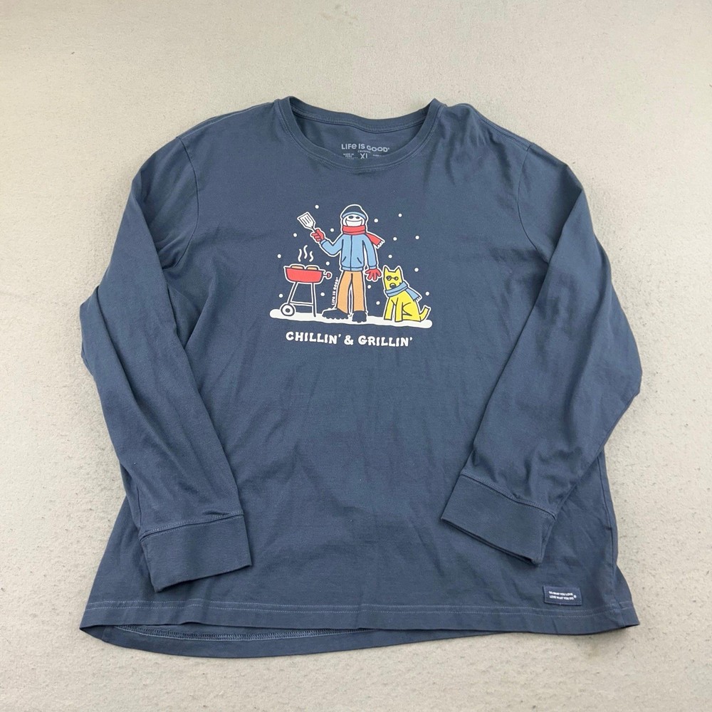Life Is Good Shirt Mens XL Blue Cotton Long Sleeves Pullover Crusher Tee