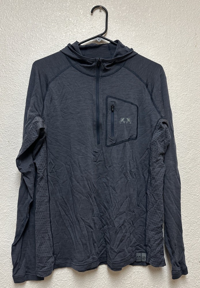 Kuiu Blue Pullover Base Layer Nuyarn Merino Wool L/S Hood 1/4 Zip Logo Sz M