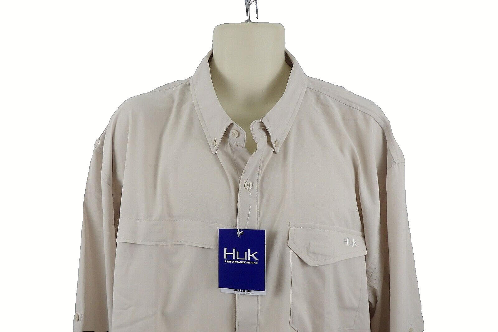 NWT Huk Mens Button Up Short Sleeve Performance Khaki Tan Vented Fishing 2XL gallery