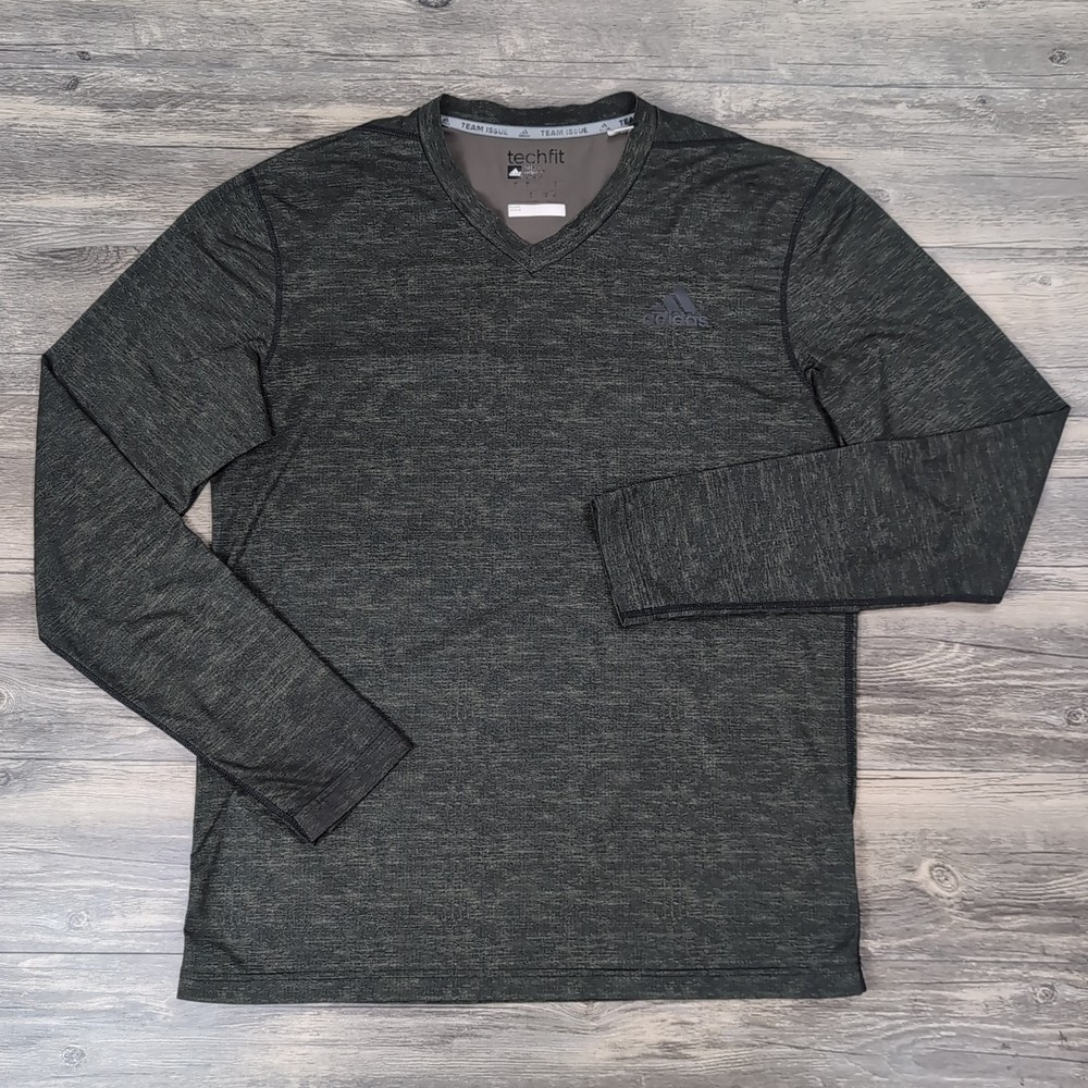 Adidas Mens Athletic Team Issue TechFit Long Sleeve V Neck Shirts Large Green