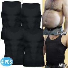 Men 4PCS Body Shaper Vest Moobs Chest Compression Workout T-Shirt Tank Top Gym