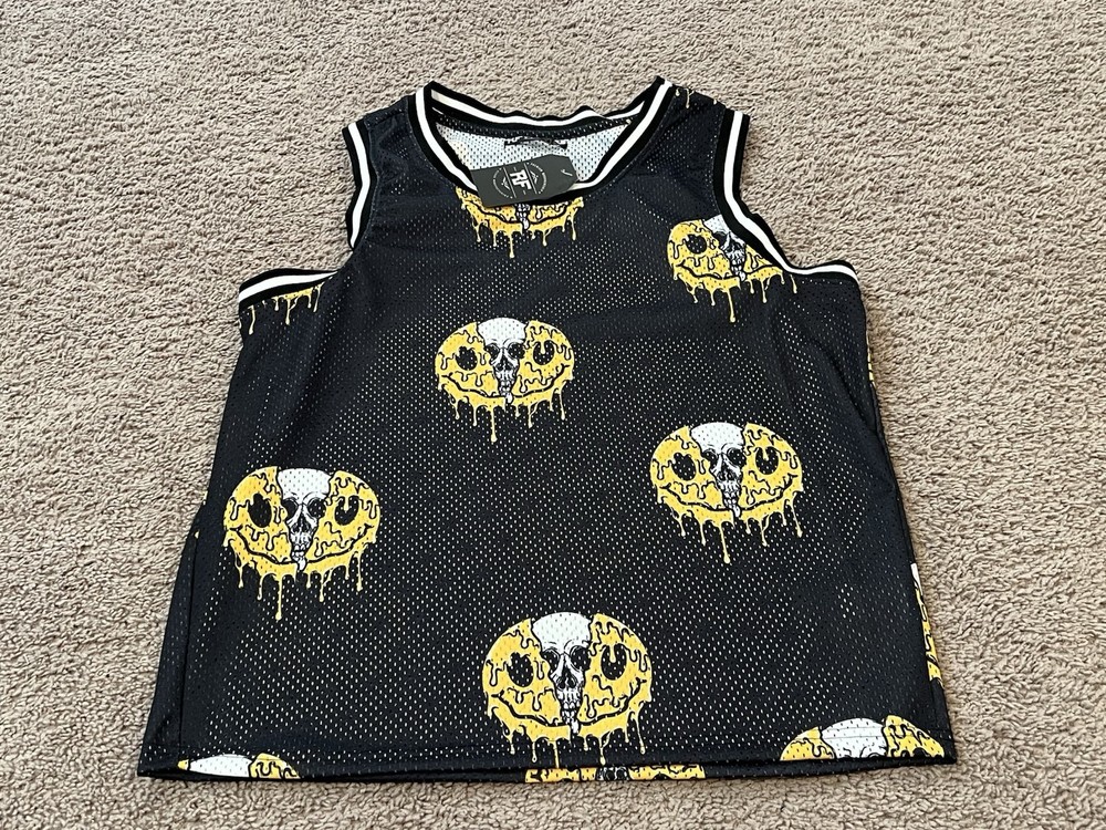RF Brand Men's Black Mesh Skull / Melting Smiley Face Tank Size Medium NWT