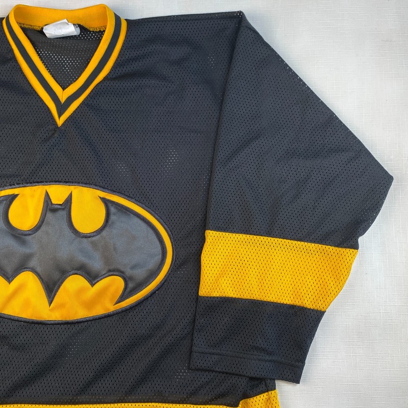 VTG 2000 BATMAN "6 FLAGS" MESH JERSEY! Y2K Black Yellow Long Sleeve Sz Adult S gallery