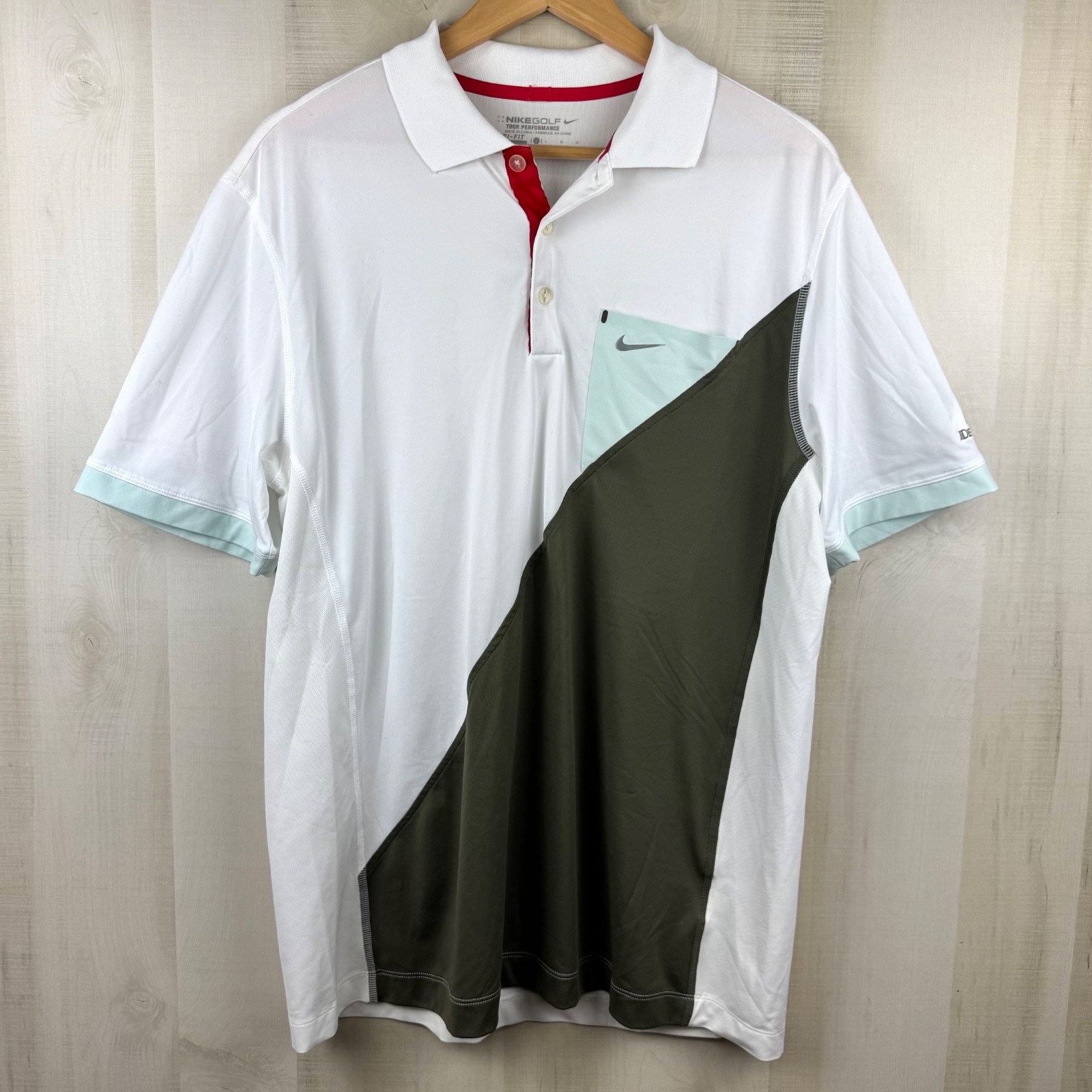 Nike Tour Performance Dri-Fit Mens Short Sleeve Golf Shirt White Green Gray Sz L gallery