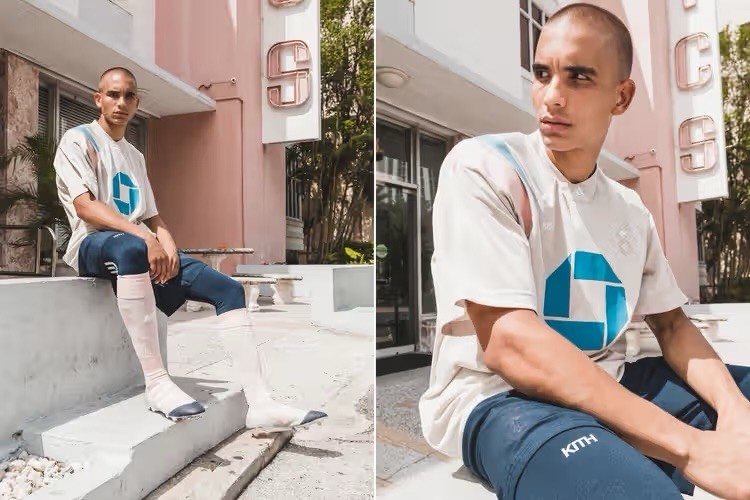 NWT KITH x Adidas Miami Flamingos Soccer Jersey Navy/Tan/Pink Sz L RARE gallery