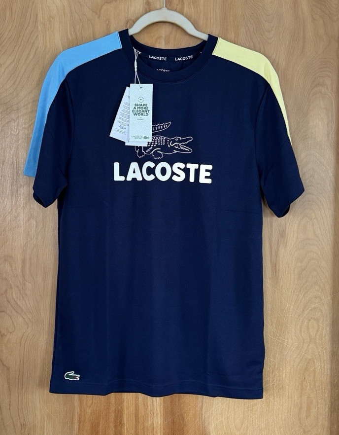 Lacoste Men's Sz S Ultra-Dry Printed Color-Block Tennis T-Shirt Navy/Blue/Yellow gallery