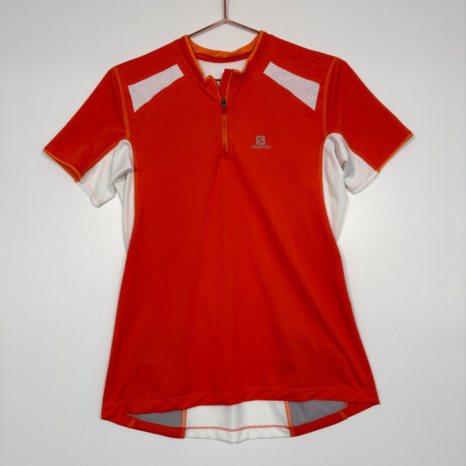 Salomon Mens Quarter Zip Running Jersey Size L Orange White ActiLite Mesh Pocket gallery