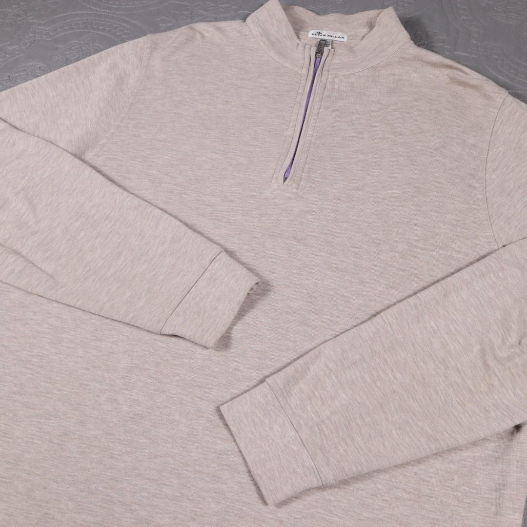 Peter Millar 1/4 Zip Pullover Mens Large Beige Cotton Knit Long Sleeve Mock Neck gallery