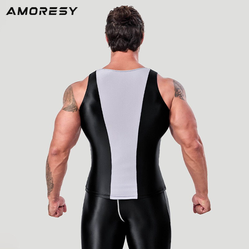 AMORESY Men Fashion Smooth Hurdle Tops Patchwork Tights Breathable Running Vests gallery