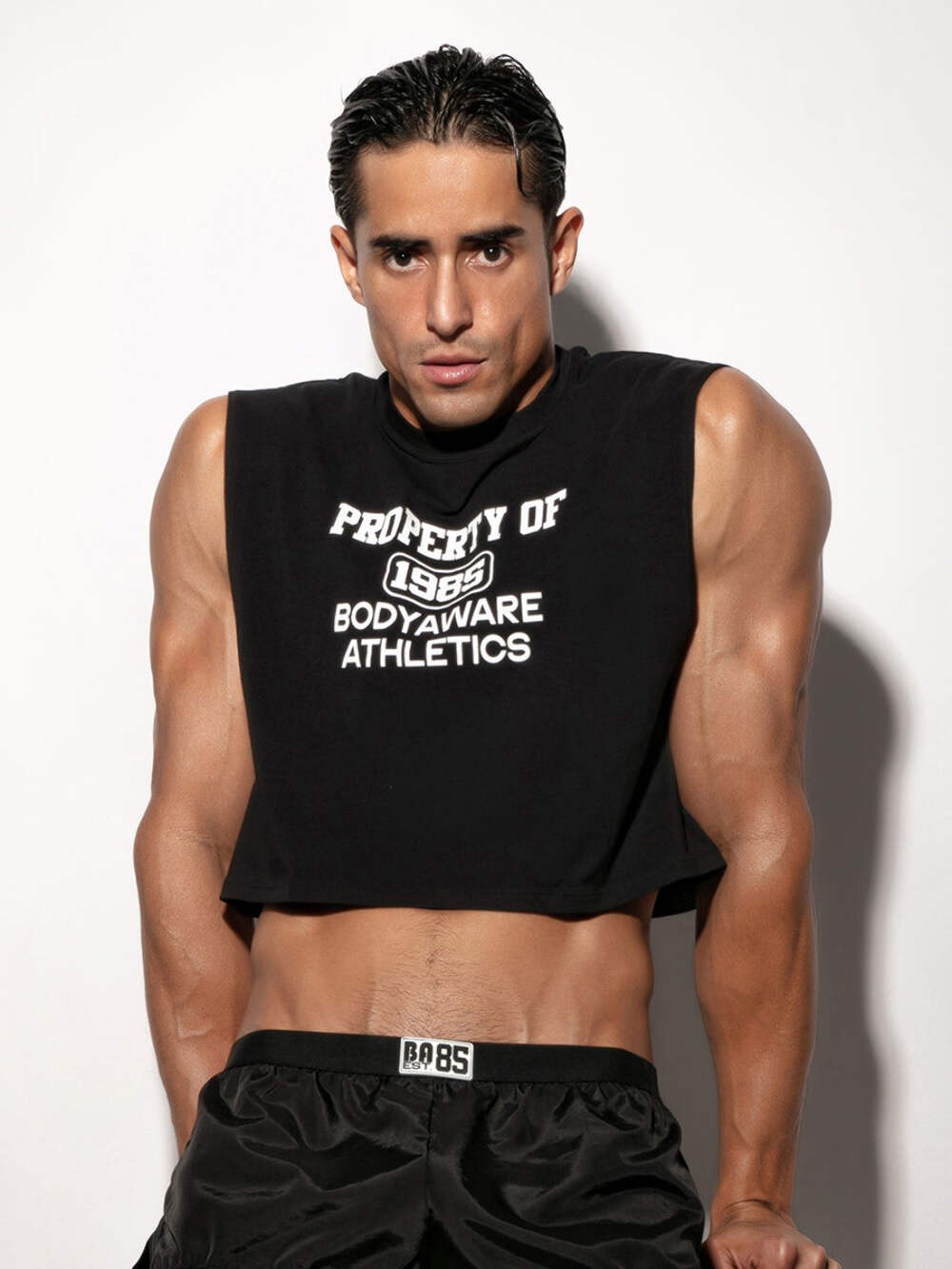 Body Aware Varsity 85 Crop Top for Men (Black) - Sexy Athletic Clothes for Guys gallery
