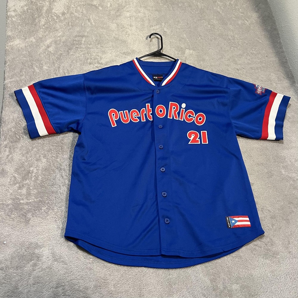 Bigland Puerto Rico Baseball Jersey Mens Large Blue Short Sleeve Boricua