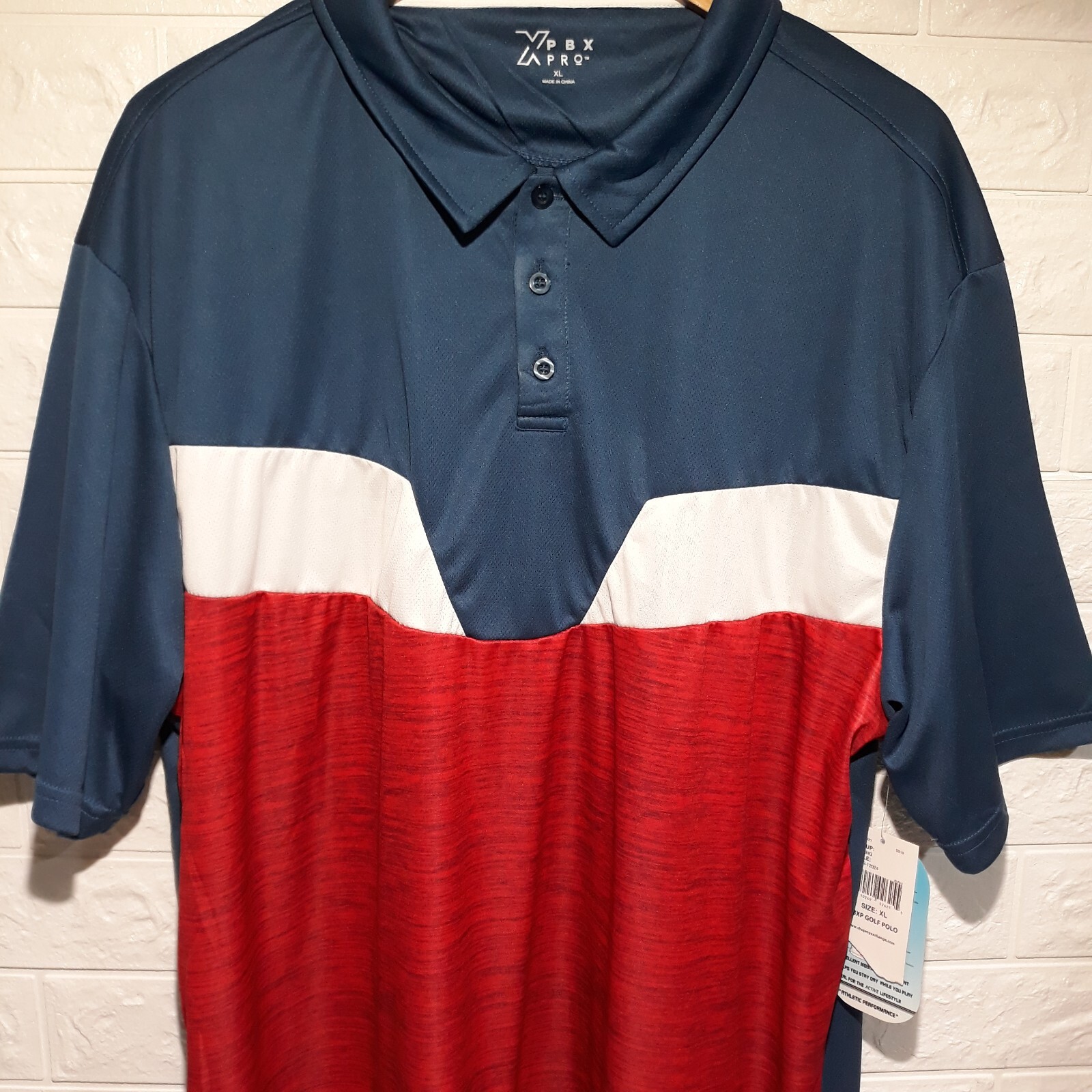 NWT PBX Golf Pro Performance Polo Shirt Men's XL Wicking/Stretch Red/White/Blue gallery