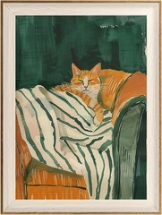 ASTRDECOR Minimalist Framed Wall Art – Cozy Cat Sleeping on Couch with Vintage G
