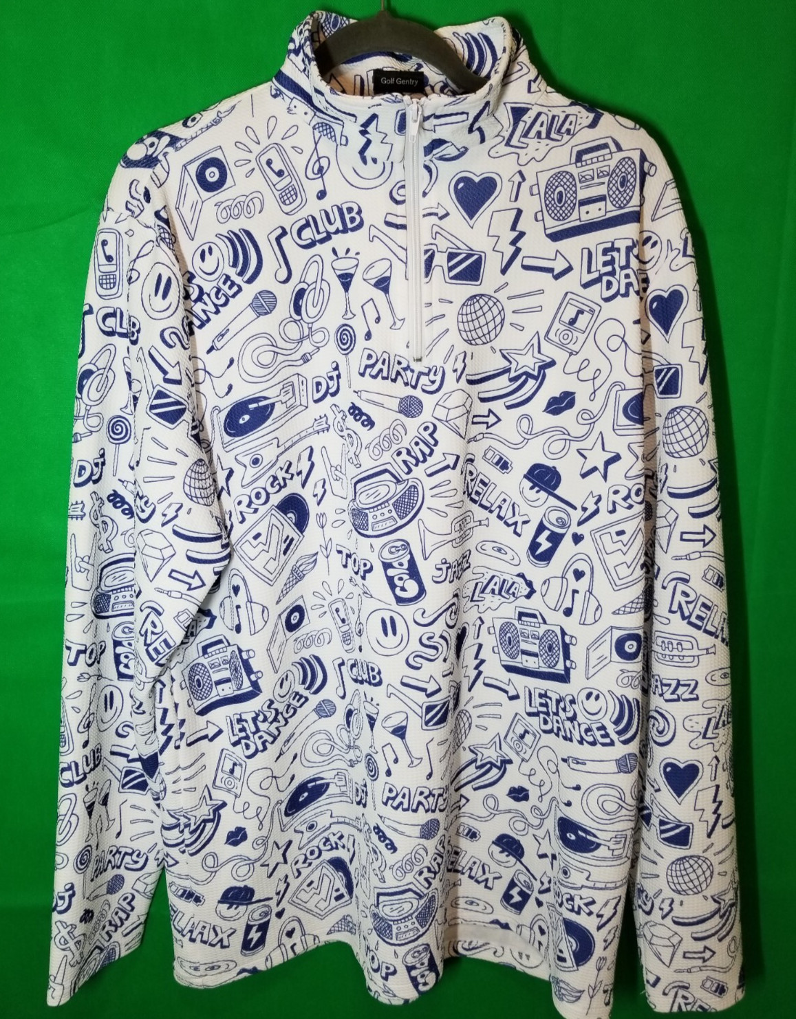 Golf Gentry Men's 1/4 Zip Long Sleeve Size XL Blue White Loud Party Design gallery