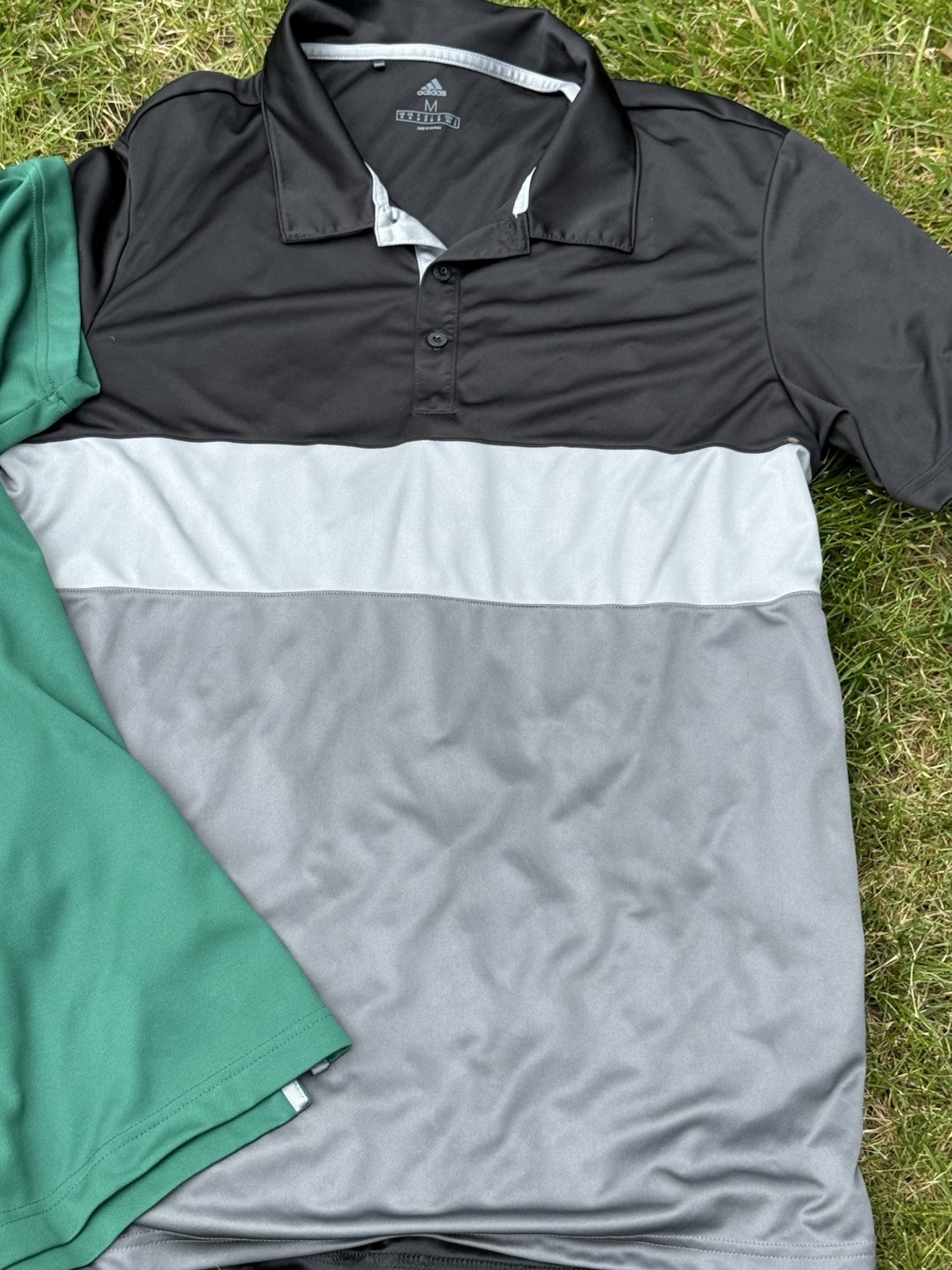 2 Men’s Medium Adidas 3 Strip Color Block Polos. Cool Dry. Green & Black gallery