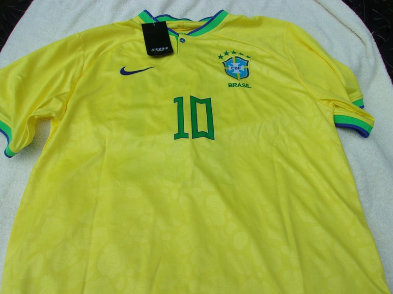 NWT Nike dri fit single button T, men's L, yellow, poly., #10, Pele, Brazil, CBF gallery