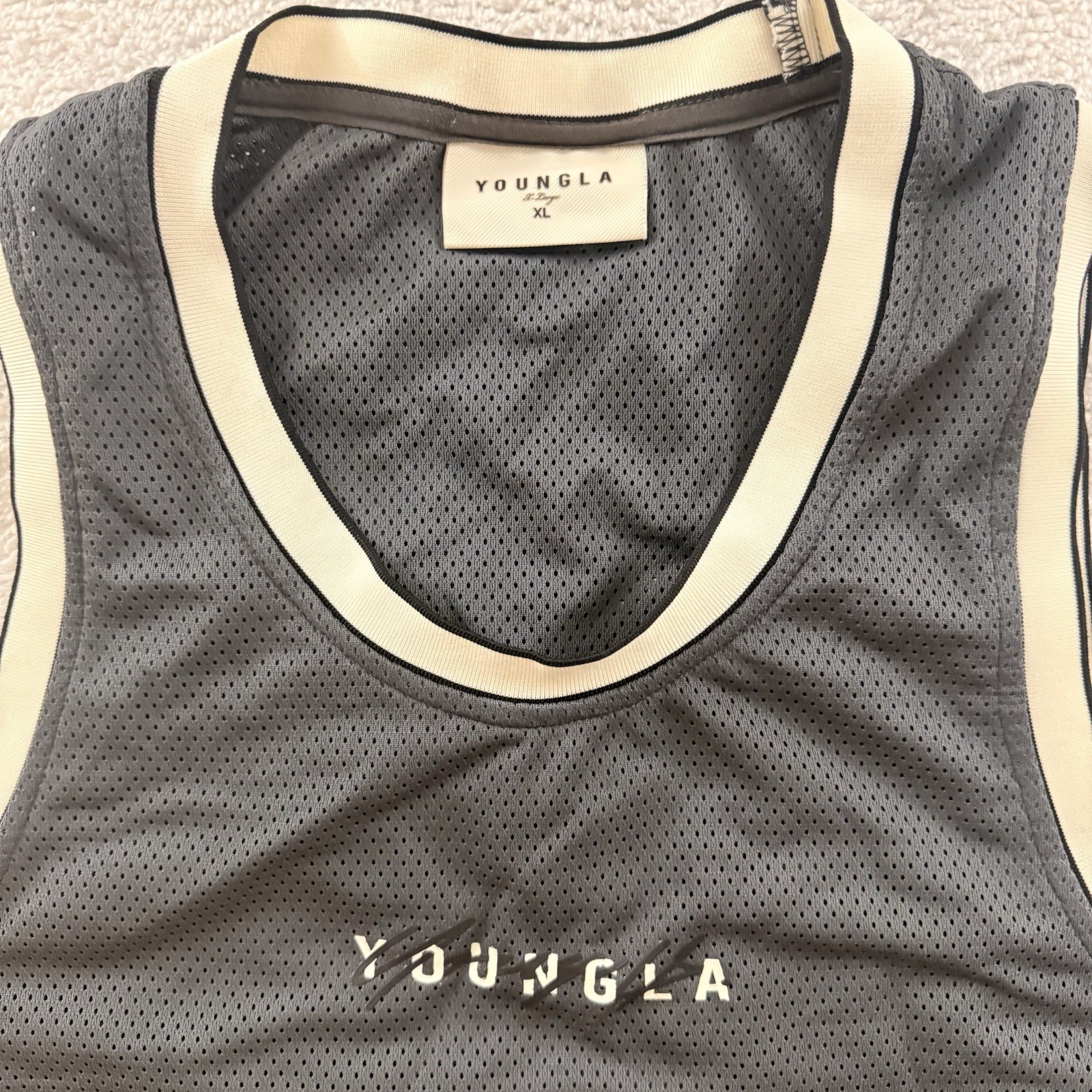 YOUNG LA MESH BASKETBALL JERSEY TANK TOP MENS XL BLACK CREAM TRIM GYM NWOT gallery