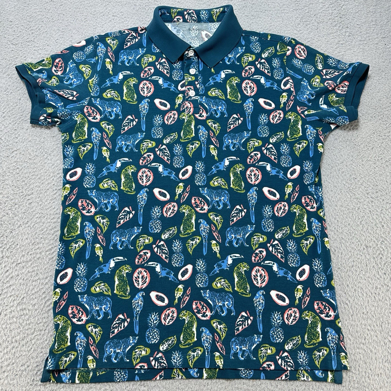 Bonobos Polo Shirt Mens Medium Slim Fit Golf Animal Print AOP Performance Parrot gallery