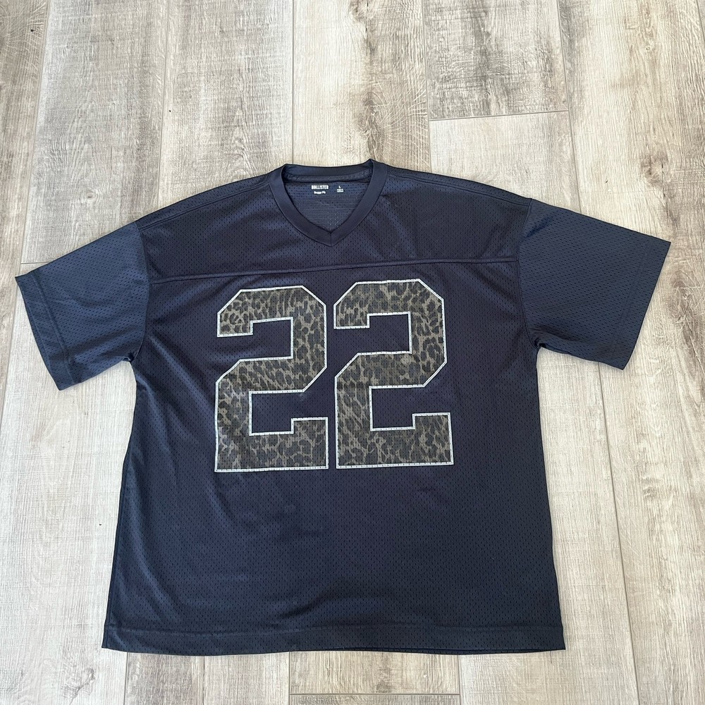 NWOT HOLLISTER Baggy Fit Black Mesh V Neck Jersey Men's Size L Short Sleeve Logo