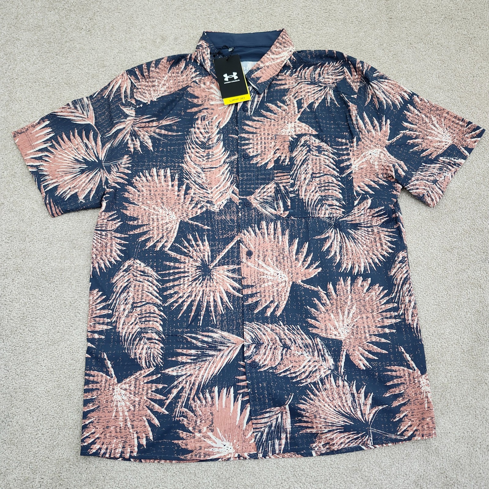 Under Armour Men Large UA Drift Tide Short Sleeve Novelty Shirt Palm Blue Orange gallery