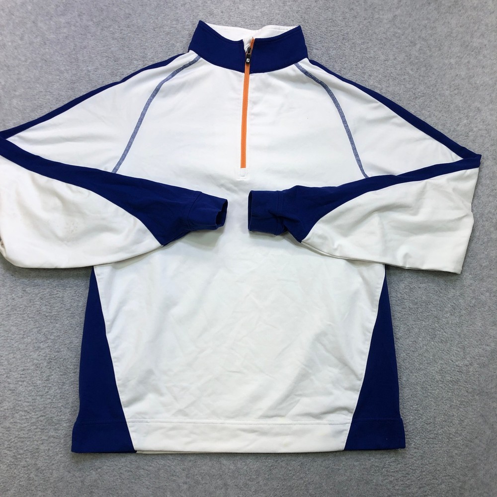 Footjoy FJ Pullover Men's Small White Blue Quarter Zip Golf Performance Logo