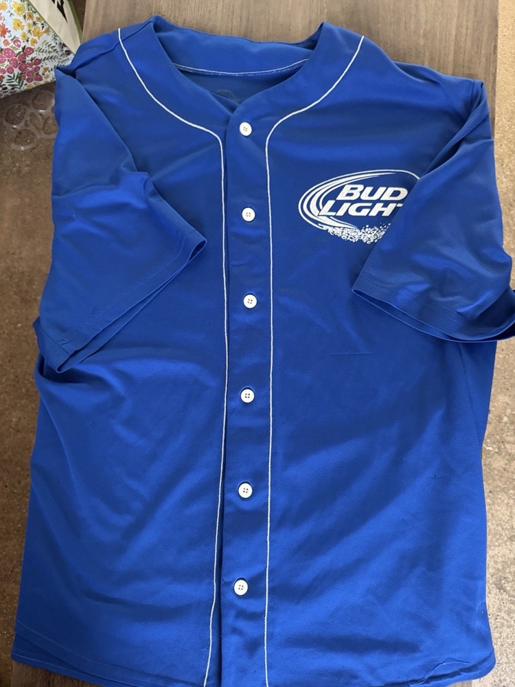 Anheuser Busch Bud Light 00 Jersey Baseball Shirt L/Xl Blue Short Sleeve Beer J
