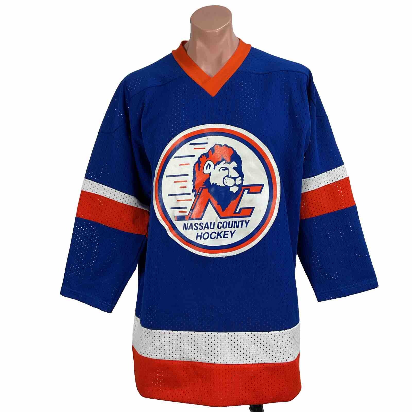 Vintage 90s Mesh Knit Nassau County Lions #16 OMAGE Hockey Jersey Blue mens XL gallery