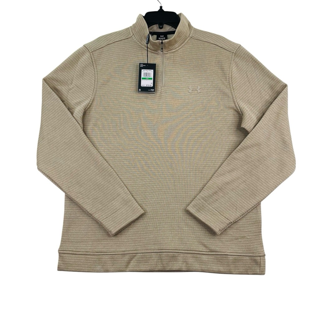 Under Armour Golf Storm 1/4 Zip Sweater Men Lg Tan Stripe Fleece 1373674-200 New