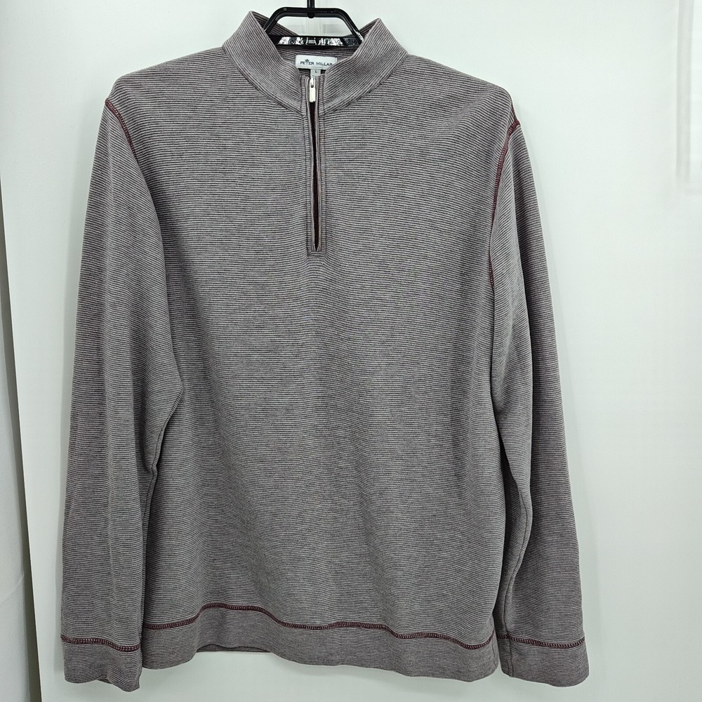 Peter Millar 1/4 Zip Pullover Golf Pullover Mens Size Large Maroon Gray Stripe
