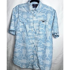 Vineyard Vines Mens Sz Medium Light Blue White Harbor Fish Pattern Short Sleeve