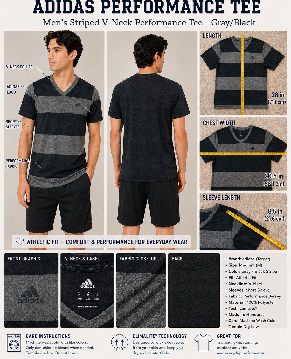 adidas Climalite Men’s XL Striped V-Neck Moisture Wicking Tee Gray/Black gallery