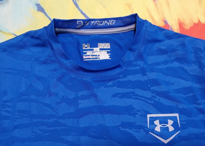 Under Armour 9 Strong Blue Gray Baseball Jersey Shirt Heat Gear MEDIUM gallery